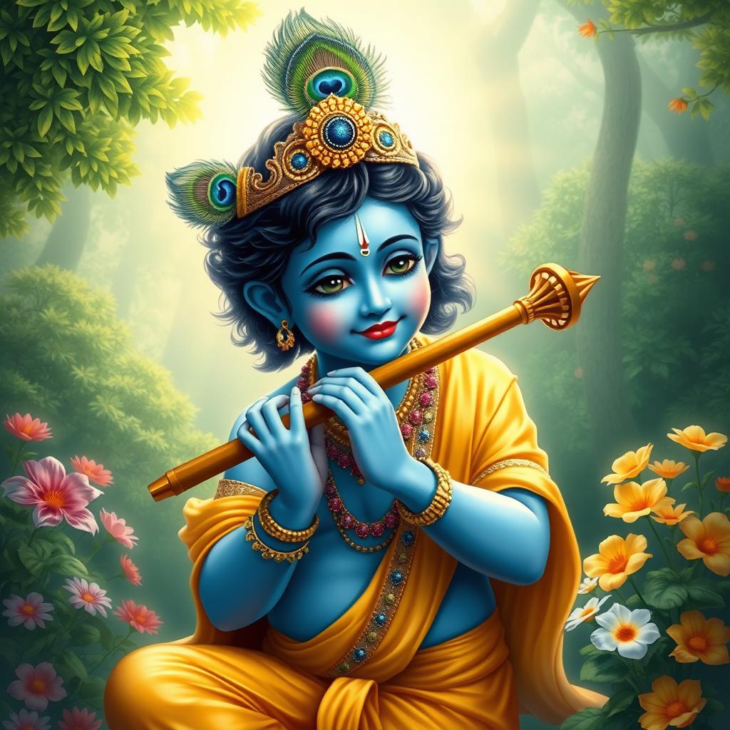 A divine depiction of Shree Krishna, portrayed as a youthful figure with blue skin, wearing a peacock feather crown and traditional yellow attire