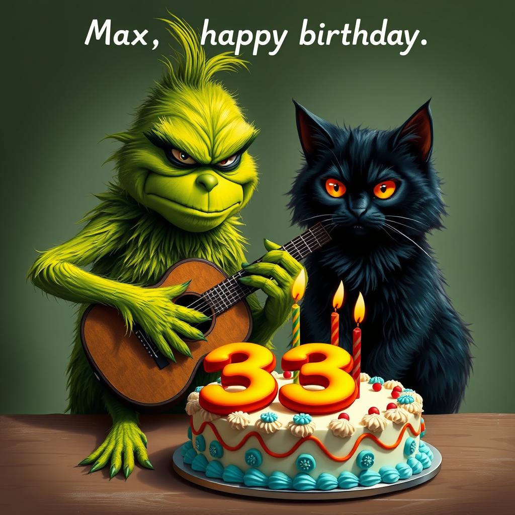 A realistic depiction of a grumpy Grinch, complete with detailed green fur and an expressive face, is shown strumming a guitar