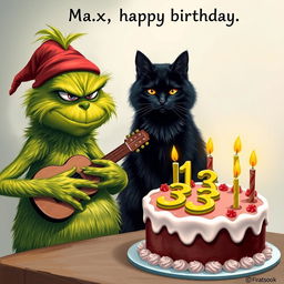 A realistic depiction of a grumpy Grinch, complete with detailed green fur and an expressive face, is shown strumming a guitar