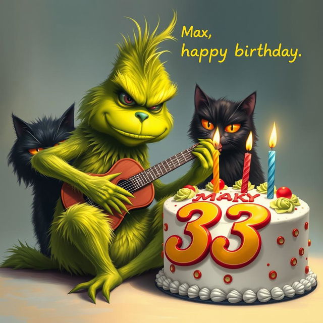 A realistic depiction of a grumpy Grinch, complete with detailed green fur and an expressive face, is shown strumming a guitar