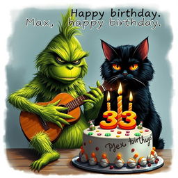 A realistic depiction of a grumpy Grinch, complete with detailed green fur and an expressive face, is shown strumming a guitar