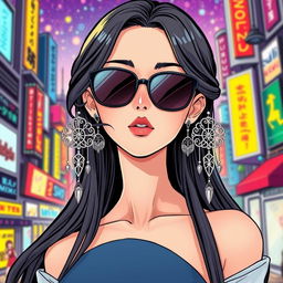 A stunning female character in a vibrant manhwa style, featuring beautiful delicate earrings with intricate designs that catch the light