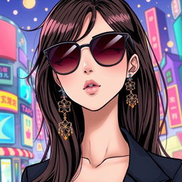 A stunning female character in a vibrant manhwa style, featuring beautiful delicate earrings with intricate designs that catch the light