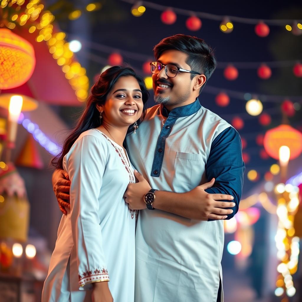 A cute and beautiful Indian office girl, aged 25, dressed in a stunning white kurta, celebrating Diwali night with joy