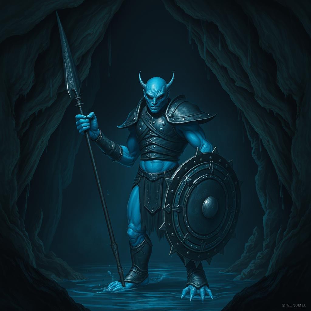 A blue humanoid creature capable of thriving underwater, standing boldly in a dark, sinister sea cave