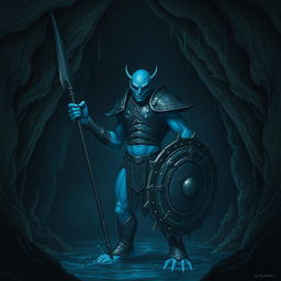 A blue humanoid creature capable of thriving underwater, standing boldly in a dark, sinister sea cave