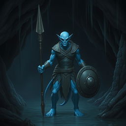 A blue humanoid creature capable of thriving underwater, standing boldly in a dark, sinister sea cave