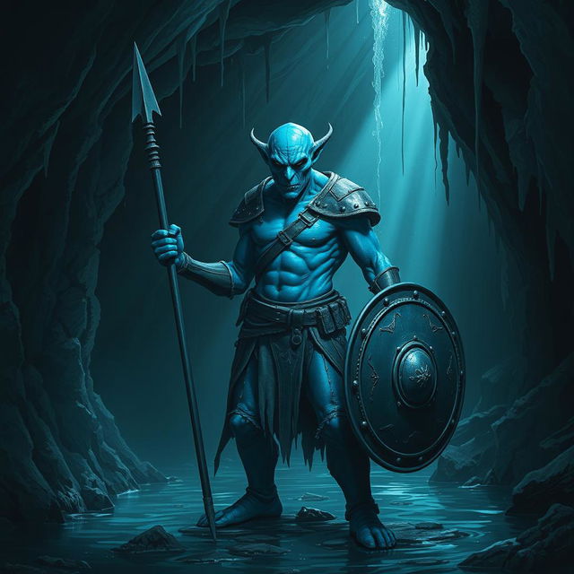 A blue humanoid creature capable of thriving underwater, standing boldly in a dark, sinister sea cave