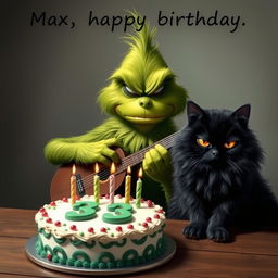 A realistic depiction of a grumpy Grinch with detailed green fur and a frown is shown playing a guitar, capturing his signature mischievous expression