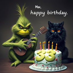 A realistic depiction of a grumpy Grinch with detailed green fur and a frown is shown playing a guitar, capturing his signature mischievous expression