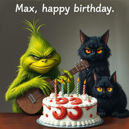 A realistic depiction of a grumpy Grinch with detailed green fur and a frown is shown playing a guitar, capturing his signature mischievous expression