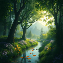 A mystical forest scene bathed in soft, ethereal light