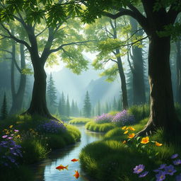 A mystical forest scene bathed in soft, ethereal light