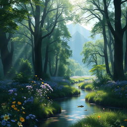 A mystical forest scene bathed in soft, ethereal light