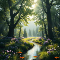 A mystical forest scene bathed in soft, ethereal light