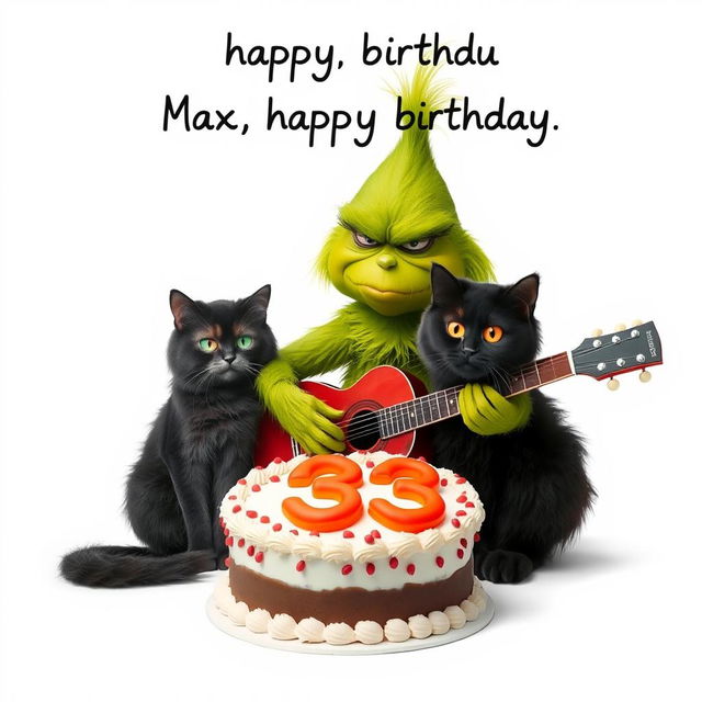 On a clean white background, a realistic depiction of a grumpy Grinch is captured while he plays a guitar, showcasing the rich texture of his green fur and his characteristic frown