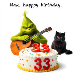 On a clean white background, a realistic depiction of a grumpy Grinch is captured while he plays a guitar, showcasing the rich texture of his green fur and his characteristic frown
