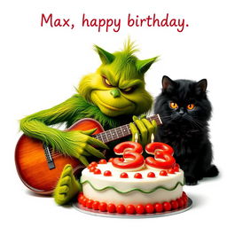 On a clean white background, a realistic depiction of a grumpy Grinch is captured while he plays a guitar, showcasing the rich texture of his green fur and his characteristic frown