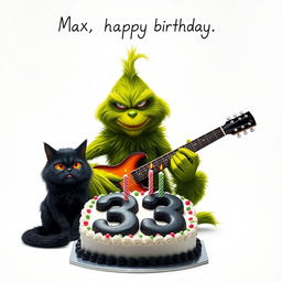 On a clean white background, a realistic grumpy Grinch is depicted playing a guitar, showcasing his rich green fur and characteristic scowl