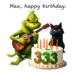 On a clean white background, a realistic grumpy Grinch is depicted playing a guitar, showcasing his rich green fur and characteristic scowl