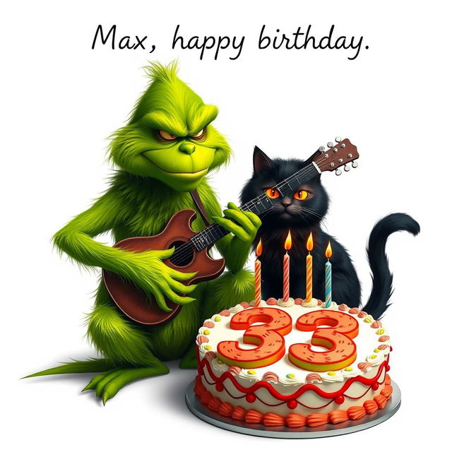 On a clean white background, a realistic grumpy Grinch is depicted playing a guitar, showcasing his rich green fur and characteristic scowl