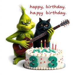 On a clean white background, a realistic grumpy Grinch is depicted playing a guitar, showcasing his rich green fur and characteristic scowl