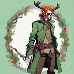 A digital art image showcasing a character with vibrant red hair, adorned with a deer skull on the head