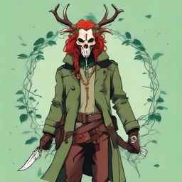 A digital art image showcasing a character with vibrant red hair, adorned with a deer skull on the head