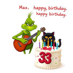 On a pristine white background, a grumpy Grinch is illustrated playing a guitar, exhibiting his classic scowl and vivid green fur
