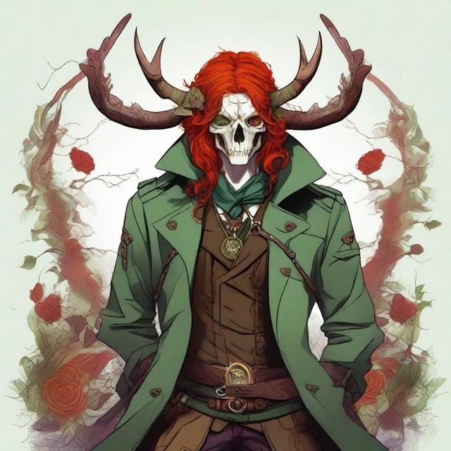 A digital art image showcasing a character with vibrant red hair, adorned with a deer skull on the head