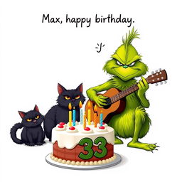 On a pristine white background, a grumpy Grinch is illustrated playing a guitar, exhibiting his classic scowl and vivid green fur