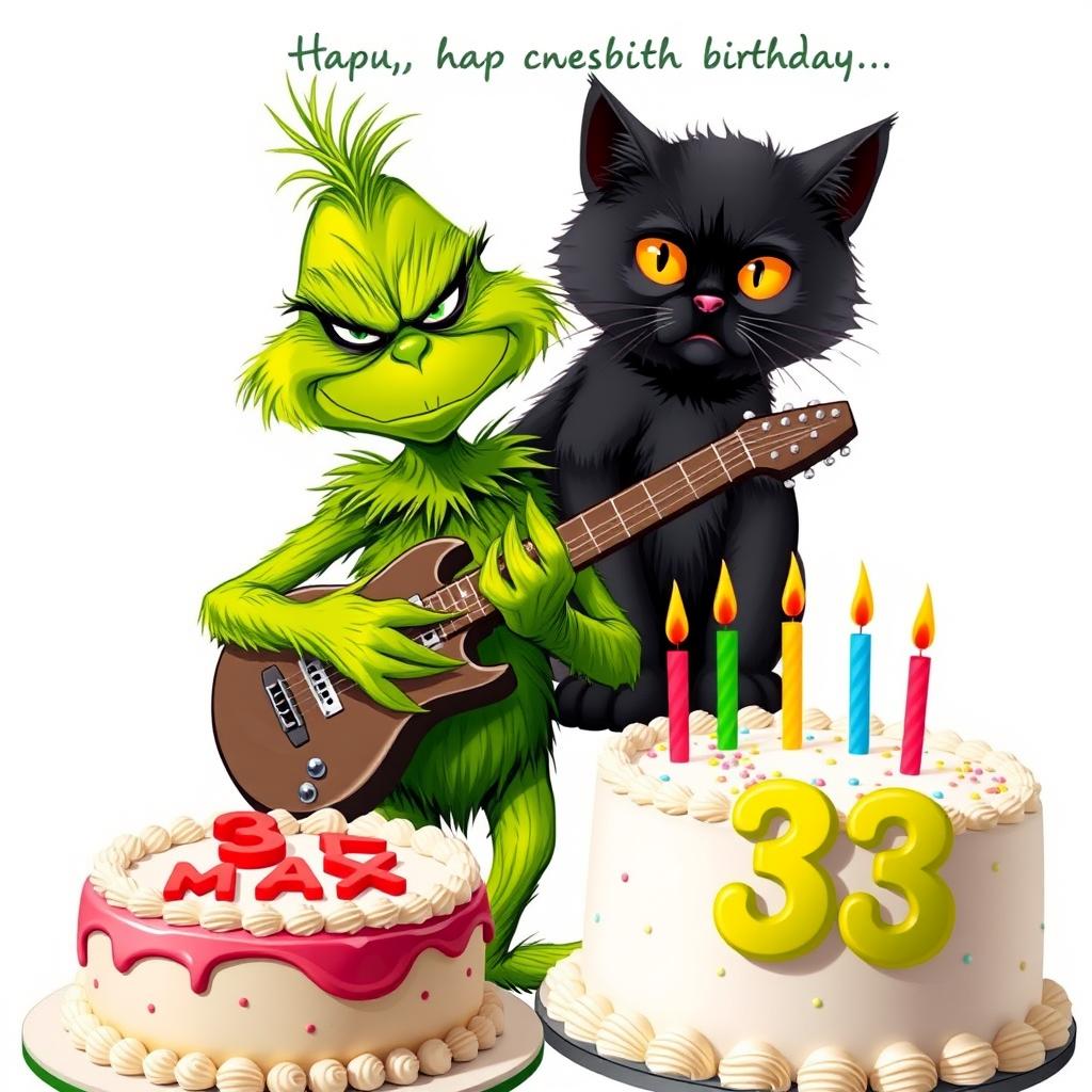 On a pristine white background, a grumpy Grinch is illustrated playing a guitar, exhibiting his classic scowl and vivid green fur