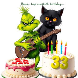 On a pristine white background, a grumpy Grinch is illustrated playing a guitar, exhibiting his classic scowl and vivid green fur