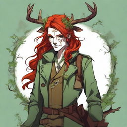 A digital art image showcasing a character with vibrant red hair, adorned with a deer skull on the head