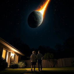 A couple stepping out of their house at night, standing in their front yard and gazing up at the sky in shock