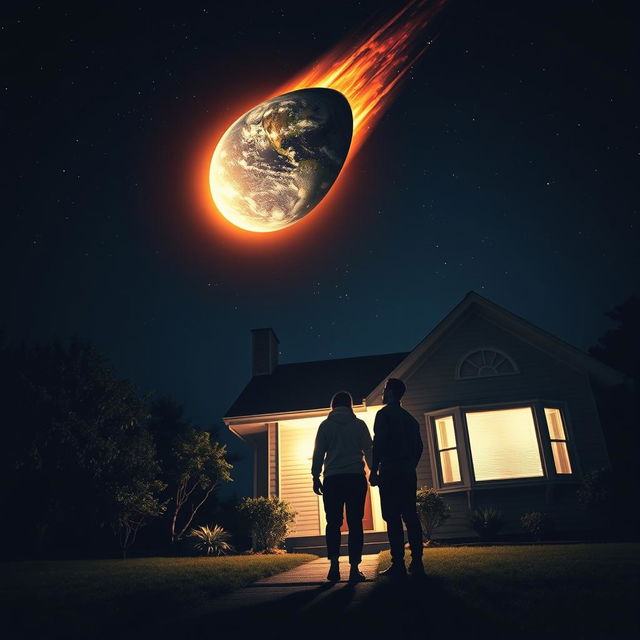 A couple stepping out of their house at night, standing in their front yard and gazing up at the sky in shock