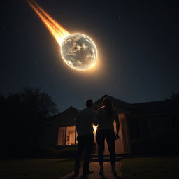 A couple stepping out of their house at night, standing in their front yard and gazing up at the sky in shock