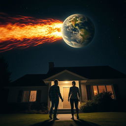 A couple stepping out of their house at night, standing in their front yard and gazing up at the sky in shock