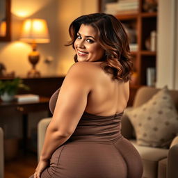A 40-year-old plus-sized woman with an attractive figure, featuring prominent breasts and a shapely butt, sitting gracefully while looking back over her shoulder with a playful smile