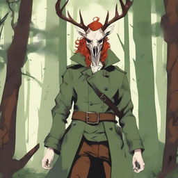 A high-quality digital art image features a character with striking red hair, wearing a deer skull on their head