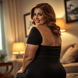 A 40-year-old plus-sized woman with an attractive figure, featuring prominent breasts and a shapely butt, sitting gracefully while looking back over her shoulder with a playful smile