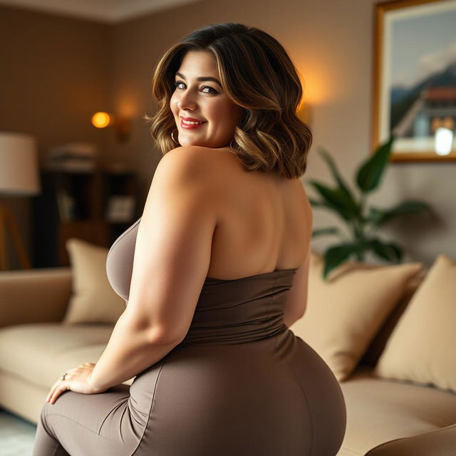 A 40-year-old plus-sized woman with an attractive figure, featuring prominent breasts and a shapely butt, sitting gracefully while looking back over her shoulder with a playful smile