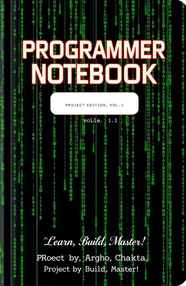 A book cover design for a notebook dedicated to programming languages, featuring a Matrix-inspired aesthetic with green digital code cascading down the cover