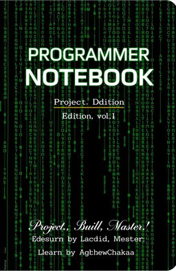 A book cover design for a notebook dedicated to programming languages, featuring a Matrix-inspired aesthetic with green digital code cascading down the cover