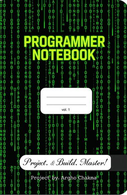 A book cover design for a notebook dedicated to programming languages, featuring a Matrix-inspired aesthetic with green digital code cascading down the cover