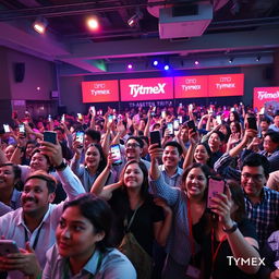A dynamic venue filled with a cheerful audience engaged in a company trivia event hosted by TymeX