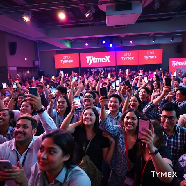 A dynamic venue filled with a cheerful audience engaged in a company trivia event hosted by TymeX