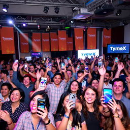 A dynamic venue filled with a cheerful audience engaged in a company trivia event hosted by TymeX