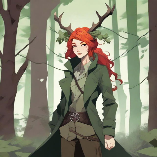 A high-quality digital art image features a character with striking red hair, wearing a deer skull on their head