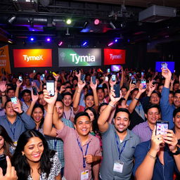 A dynamic venue filled with a cheerful audience engaged in a company trivia event hosted by TymeX